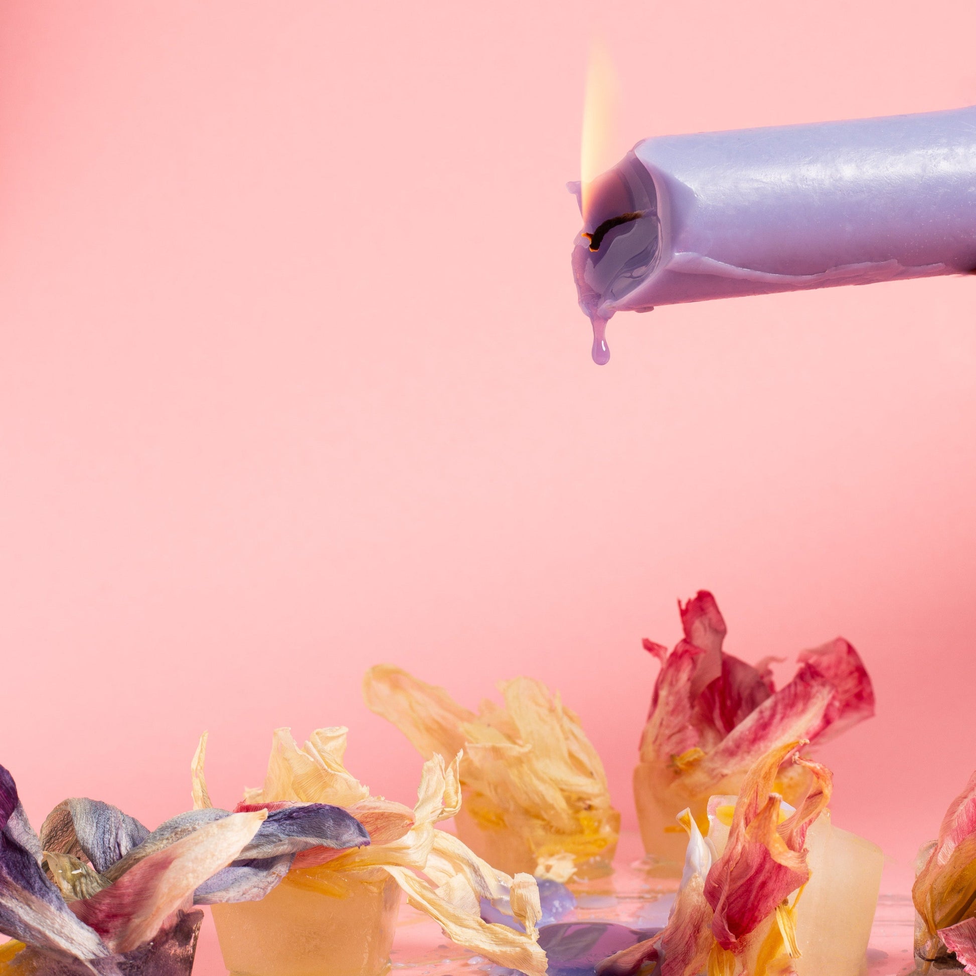 Palava kynttilä kaatamassa vahaa kukkien päälle